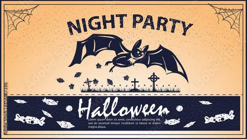 Vintage invitation for the Halloween holiday a big bat flies over the cemetery