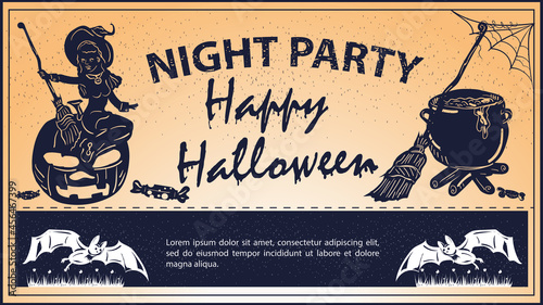 Vintage invitation for the Halloween holiday a witch is sitting on a pumpkin