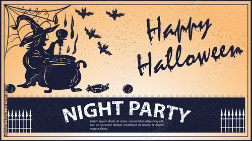 Vintage invitation for the Halloween holiday A witch cooks a potion in a cauldron