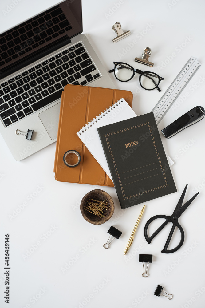 Aesthetic minimalist home office desk workspace on white background.  Notebook, laptop computer, tablet pad. Business, work concept for blog,  website, social media. Stock Photo | Adobe Stock