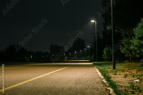 Pedestrian and bicycle road in the park illuminated by a lantern at night