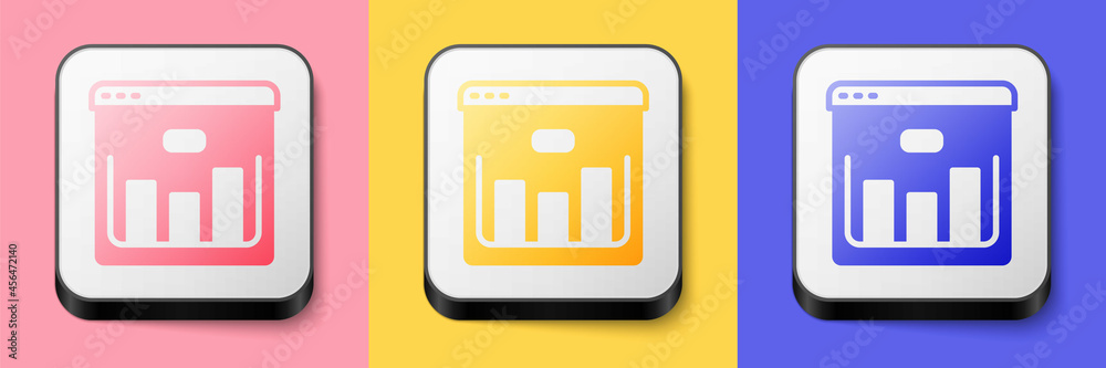 Isometric Browser with stocks market growth graphs and money icon isolated on pink, yellow and blue background. Monitor with stock charts arrow on screen. Square button. Vector Isometric Browser with stocks market growth graphs and money icon isolated on pink, yellow and blue background. Monitor with stock charts arrow on screen. Square button. Vector