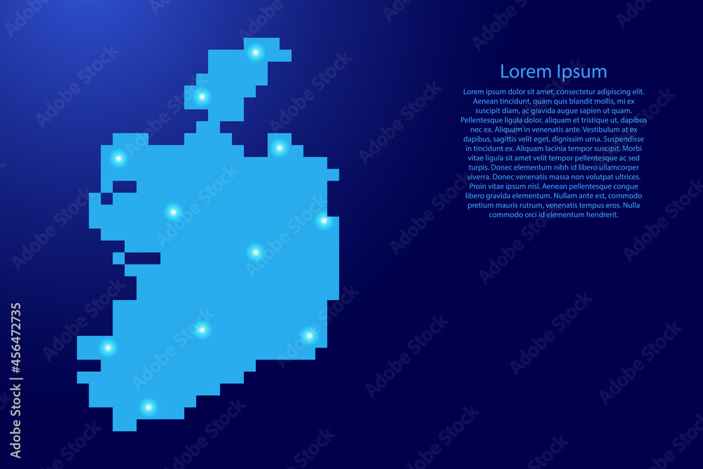 Fototapeta premium Ireland map silhouette from blue square pixels and glowing stars. Vector illustration.