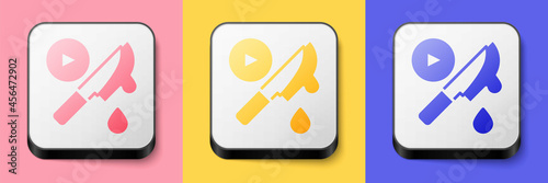 Isometric Thriller movie icon isolated on pink, yellow and blue background. Bloody knife. Suspenseful cinema genre, survival horror. Shocking films with gore and violence. Square button. Vector