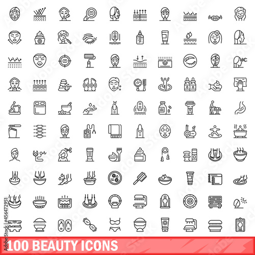 100 beauty icons set. Outline illustration of 100 beauty icons vector set isolated on white background