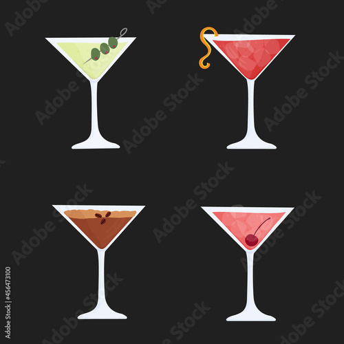 Hand drawn vector illustration of glasses with Dirty Martini, Cosmopolitan, Manhattan cocktails. Isolated on white background.