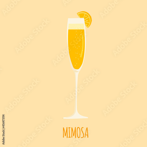Hand drawn vector illustration of flute glasse with Mimosa cocktail with champagne and orange juice. Isolated on white background.