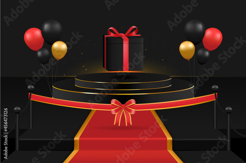 grand opening with an unopened gift box as a surprise on the podium. There are balloons, ribbons, carpet and lights.