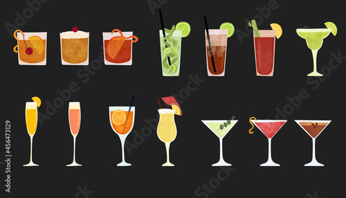 Hand drawn vector illustration set of popular alcohol drinks. Various cocktails. Isolated on white background