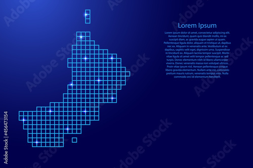 Oman map silhouette from blue mosaic structure squares and glowing stars. Vector illustration.