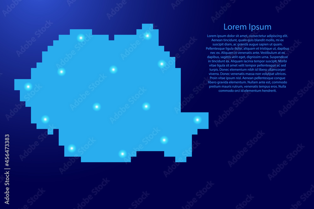 Romania map silhouette from blue square pixels and glowing stars. Vector illustration.