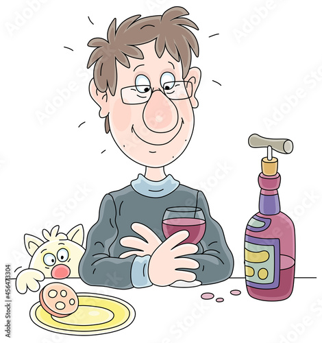 Funny young man with disheveled hair holding a glass of wine at home kitchen, vector cartoon illustration isolated on a white background