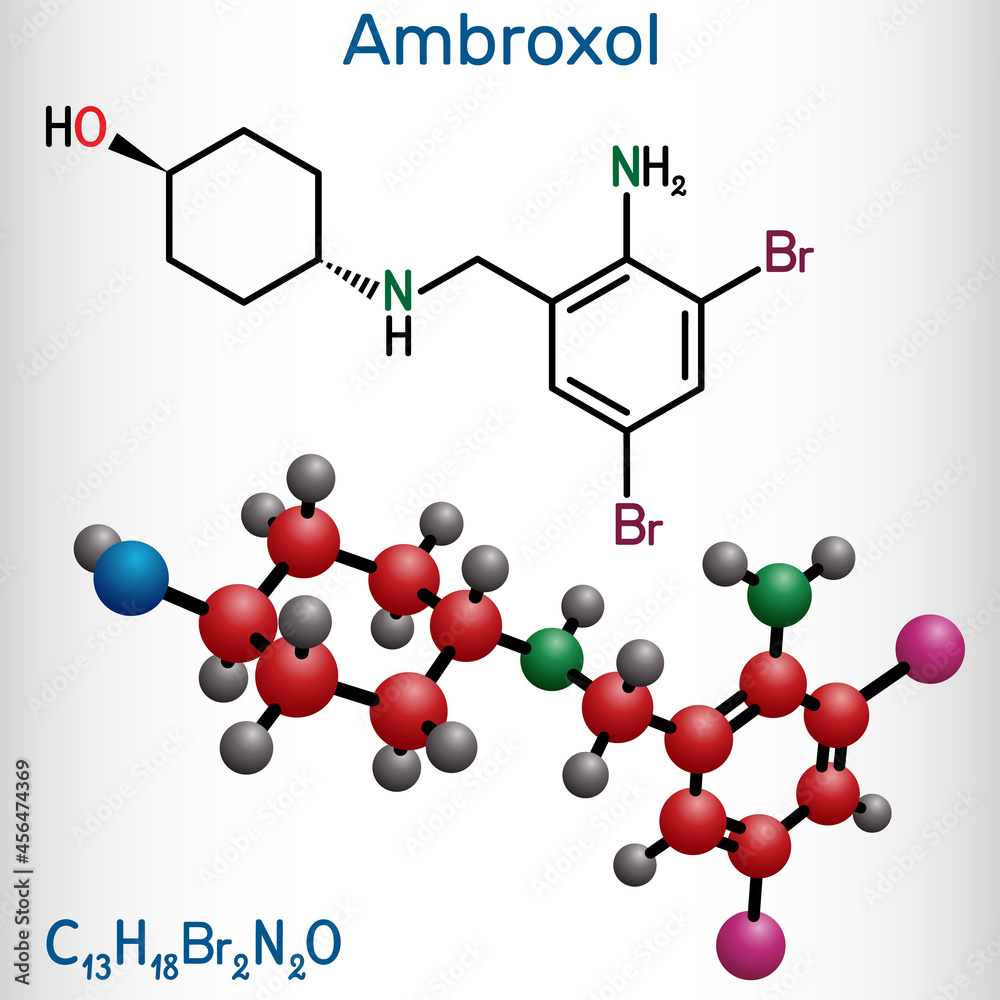 Ambroxol mucoactive drug molecule. It is aromatic amine, secretolytic and secretomotoric agent used in the treatment of respiratory diseases. Structural chemical formula and molecule model