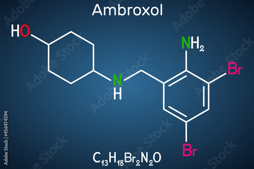 Ambroxol mucoactive drug molecule. It is aromatic amine, secretolytic and secretomotoric agent used in the treatment of respiratory diseases. Structural chemical formula on the dark blue background