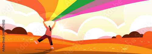 woman holding lgbt rainbow flag gay lesbian love parade pride festival transgender love concept