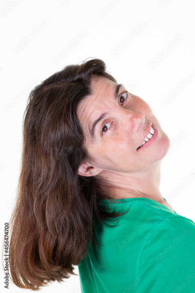 woman middle aged brunette happy smiling posing against white background and looking at camera woman middle aged brunette happy smiling posing against white background and looking at camera