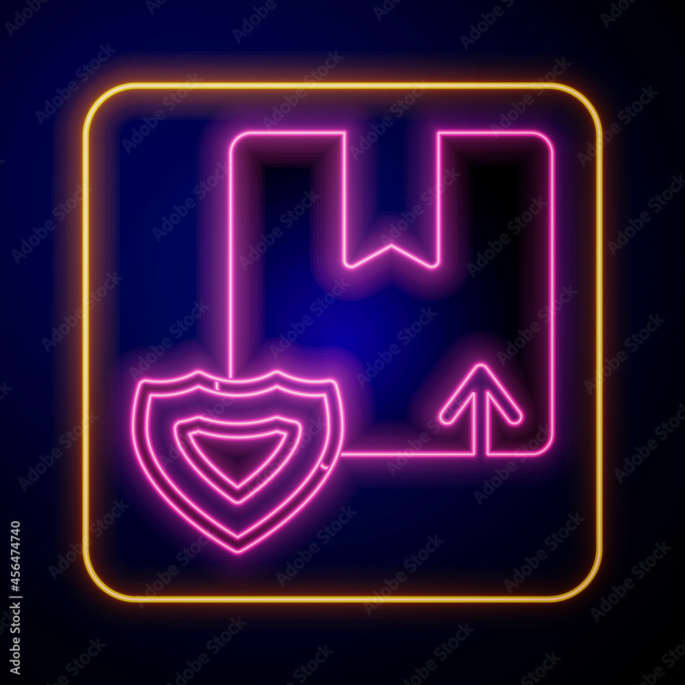 Glowing neon Delivery security with shield icon isolated on black background. Delivery insurance. Insured cardboard boxes beyond the shield. Vector Glowing neon Delivery security with shield icon isolated on black background. Delivery insurance. Insured cardboard boxes beyond the shield. Vector