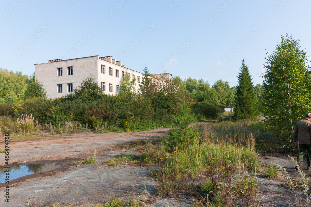 abandoned and overgrown territory with asphalt