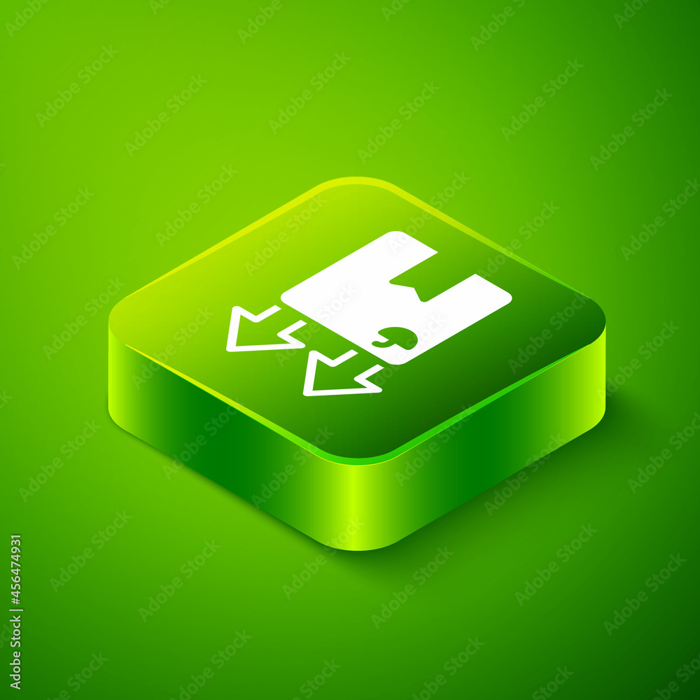 Isometric Cardboard box with traffic symbol icon isolated on green background. Box, package, parcel sign. Delivery, transportation and shipping. Green square button. Vector