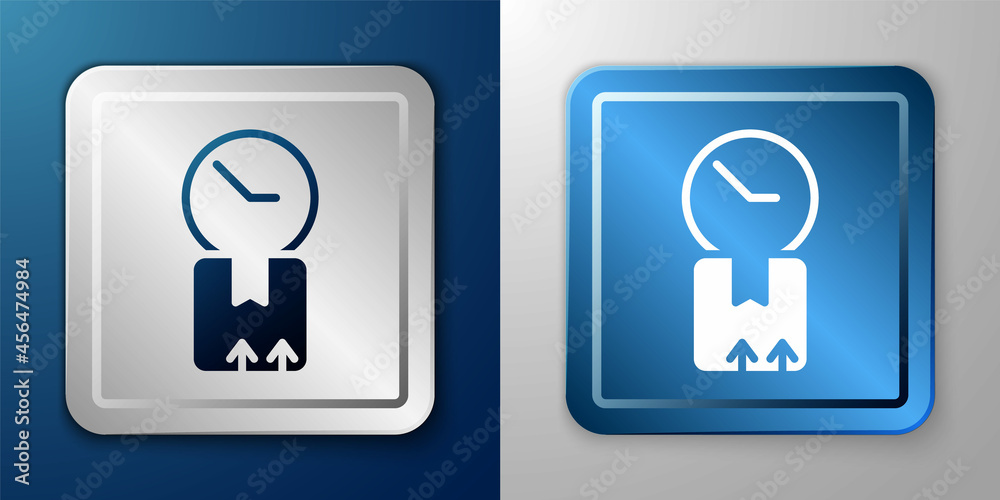 White Carton cardboard box and fast time delivery icon isolated on blue and grey background. Box, package, parcel sign. Delivery and packaging. Silver and blue square button. Vector White Carton cardboard box and fast time delivery icon isolated on blue and grey background. Box, package, parcel sign. Delivery and packaging. Silver and blue square button. Vector