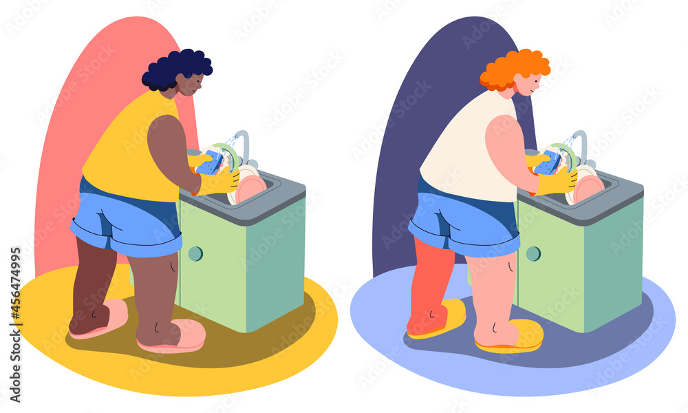Woman washes dirty dishes in the sink. Household chores. Black person with curly hair. Light-skinned person with curly red hair.  Isolated minimalistic flat style cute cartoon illustration 