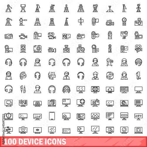 100 device icons set. Outline illustration of 100 device icons vector set isolated on white background