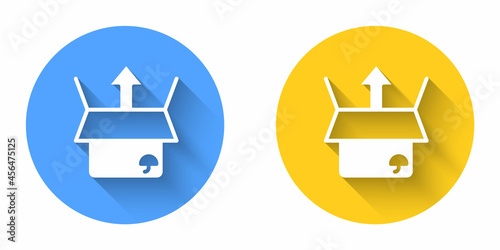 White Unboxing icon isolated with long shadow background. Circle button. Vector