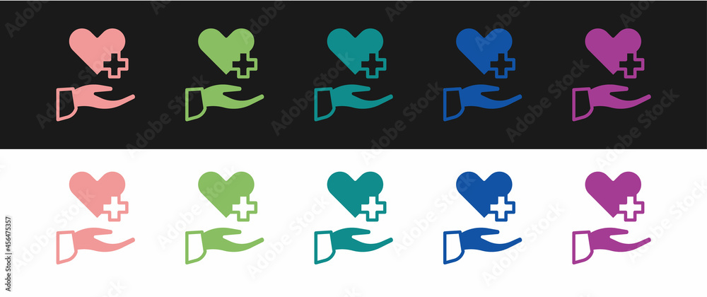 Set Heart with a cross icon isolated on black and white background. First aid. Healthcare, medical and pharmacy sign. Vector