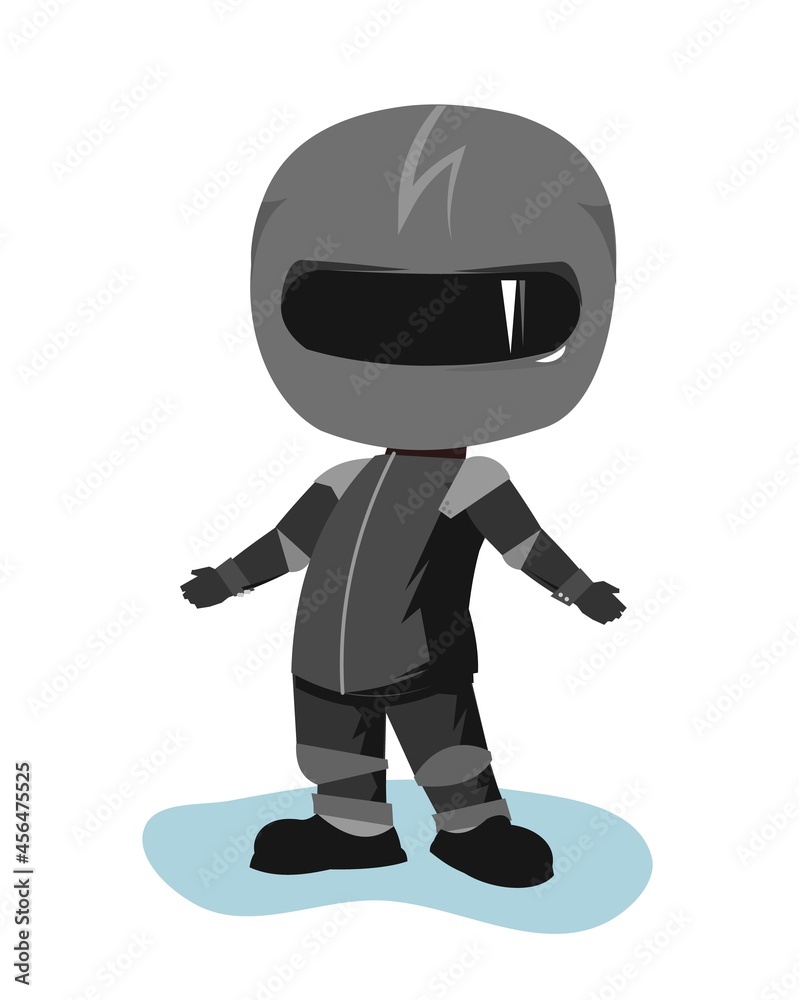 Motorcyclist in a black jacket and helmet. Biker uniform. Does not know. Cartoon style. Funny character. Flat design. Isolated on white background. Vector Motorcyclist in a black jacket and helmet. Biker uniform. Does not know. Cartoon style. Funny character. Flat design. Isolated on white background. Vector