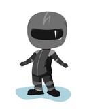 Motorcyclist in a black jacket and helmet. Biker uniform. Does not know. Cartoon style. Funny character. Flat design. Isolated on white background. Vector
