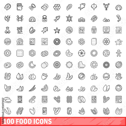 100 food icons set. Outline illustration of 100 food icons vector set isolated on white background photo
