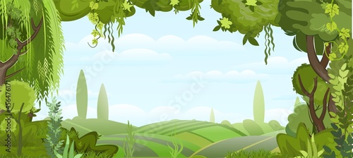 Rural harvest landscape. Dense thickets. Farm garden and fruit trees. Funny cartoon design illustration. Suburban sceneries. Flat style. Vector.