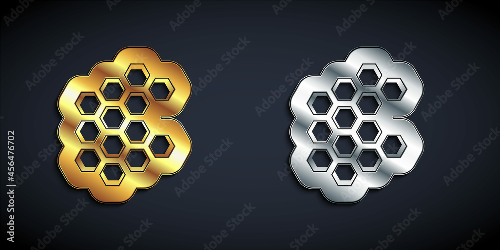 Gold and silver Honeycomb icon isolated on black background. Honey cells symbol. Sweet natural food. Long shadow style. Vector