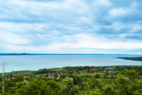 Fototapeta Naklejka Na Ścianę i Meble -  BADACSONYTOMAJ, HUNGARY - JULY 3, 2020: Scenic view of lake Balaton, Hungary