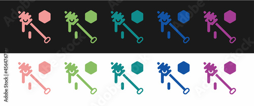 Set Honey dipper stick icon isolated on black and white background. Honey ladle. Vector