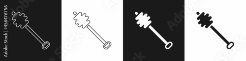 Set Honey dipper stick icon isolated on black and white background. Honey ladle. Vector