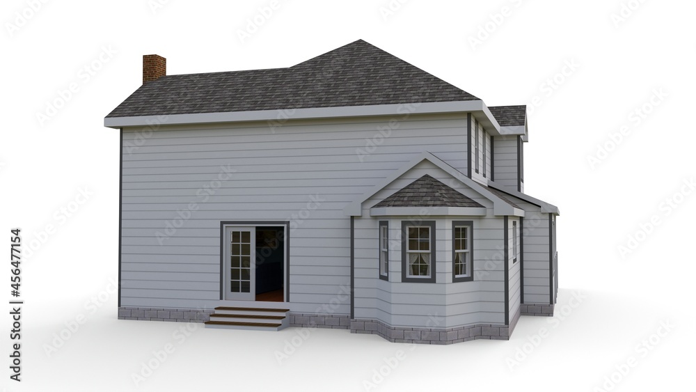 Modern beautiful house. A classic American cottage for a large family. 3D illustration