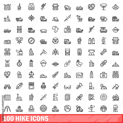 100 hike icons set. Outline illustration of 100 hike icons vector set isolated on white background