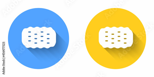 White Sponge icon isolated with long shadow background. Wisp of bast for washing dishes. Cleaning service logo. Circle button. Vector