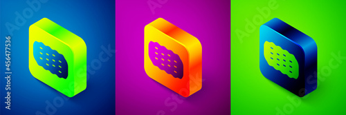Isometric Sponge icon isolated on blue, purple and green background. Wisp of bast for washing dishes. Cleaning service logo. Square button. Vector