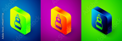Isometric Dishwashing liquid bottle icon isolated on blue, purple and green background. Liquid detergent for washing dishes. Square button. Vector
