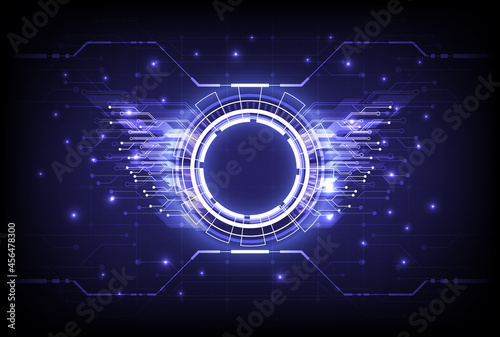 Futuristic Sci-Fi glowing HUD circle element. Abstract hi-tech background. Hologram particle of head-up display interface. Virtual reality technology of computer cyber, machine, engineer and retro