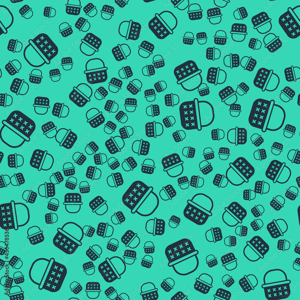 Black Wicker basket icon isolated seamless pattern on green background. Vector Black Wicker basket icon isolated seamless pattern on green background. Vector