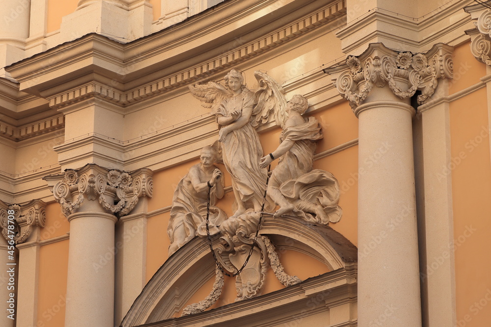 Santissima Trinità degli Spagnoli Church Facade Detail with Statues and Columns in Rome, Italy