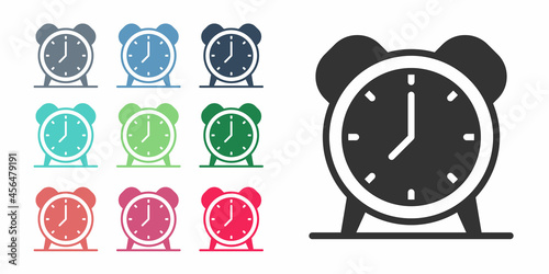 Black Alarm clock icon isolated on white background. Wake up, get up concept. Time sign. Set icons colorful. Vector