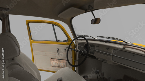 car, yellow with an open door, 3d render