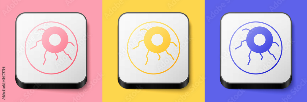 Isometric Eye icon isolated on pink, yellow and blue background. Happy Halloween party. Square button. Vector Isometric Eye icon isolated on pink, yellow and blue background. Happy Halloween party. Square button. Vector