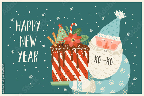 Christmas and Happy New Year illustration of Santa with cake.