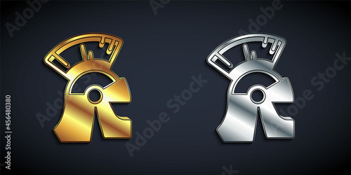 Gold and silver Roman army helmet icon isolated on black background. Long shadow style. Vector