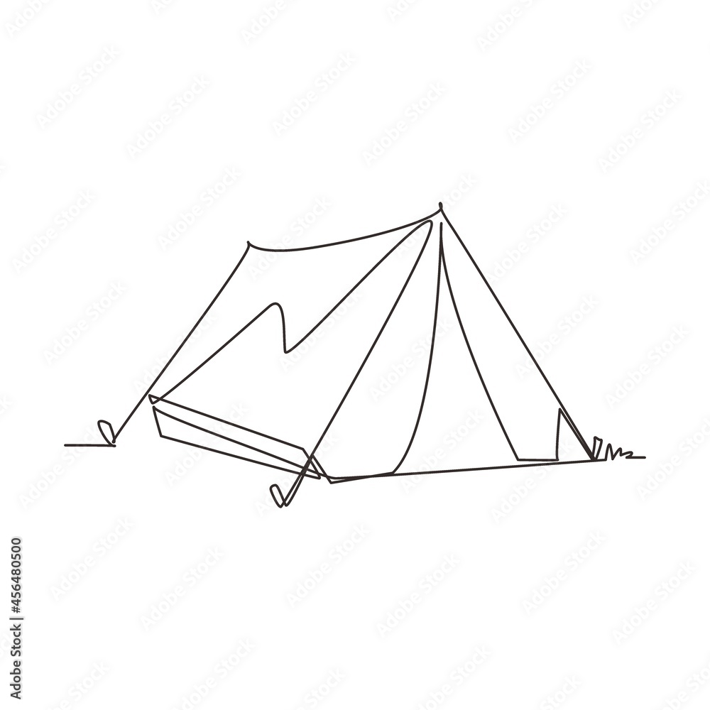 Single continuous line drawing tent camping in outdoor travel. Nature tourism, journey, adventure. Tent element concept. Camping travel tent equipment. One line draw graphic design vector illustration